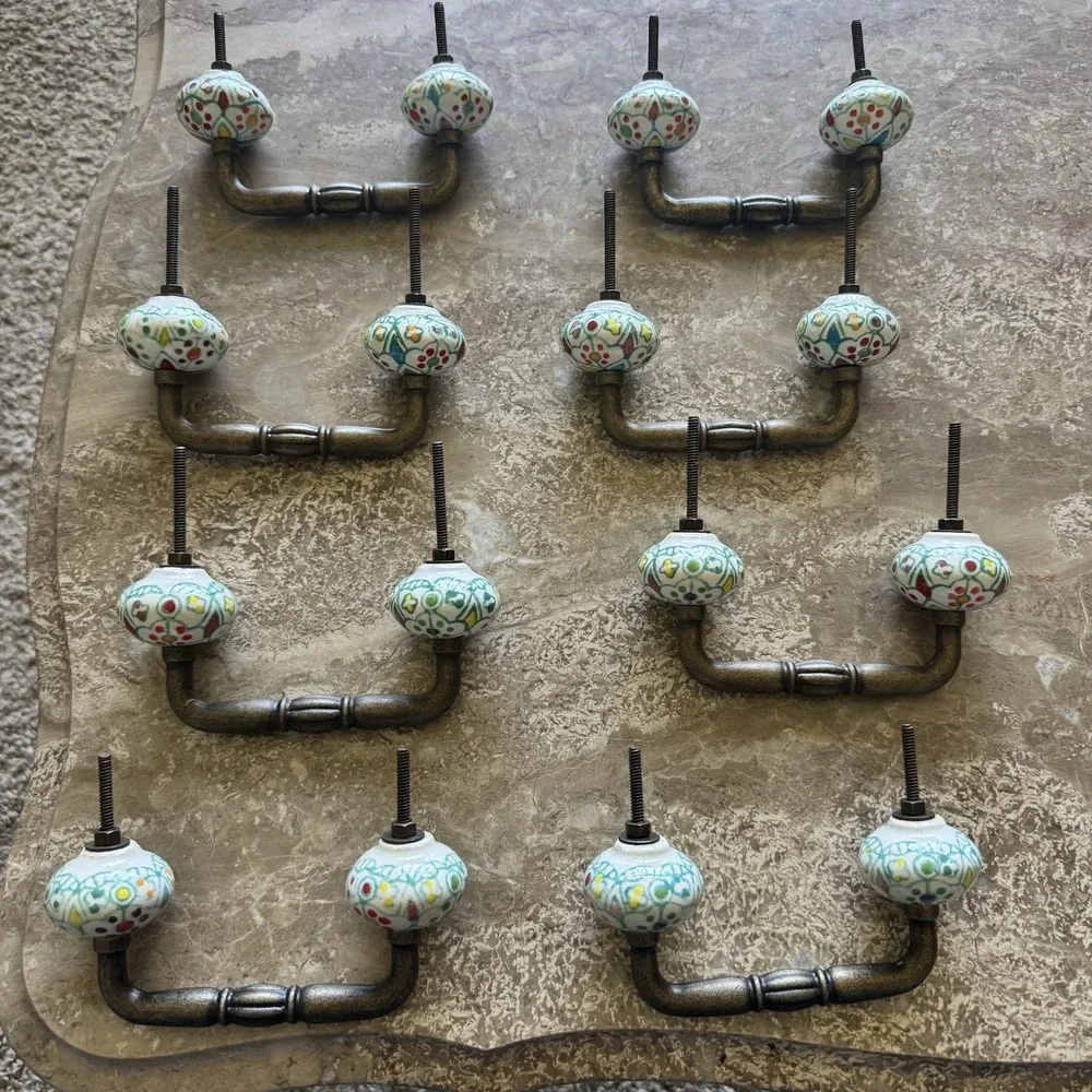 Lot 8 Hand Painted Ceramic & Brass Boho Colorful Cabinet / Drawer /Dresser Pulls
